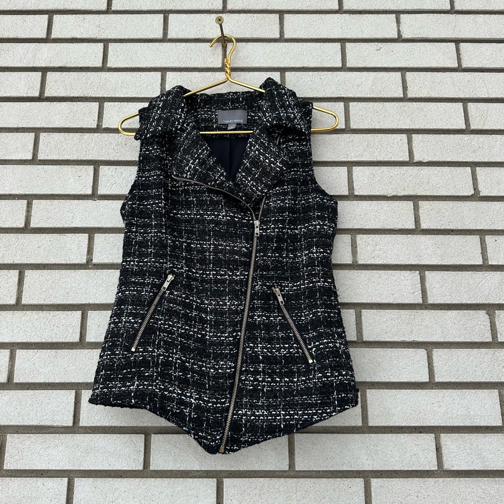 Tinley Road Black White Boucle Moto Vest Gold Zip Tweed S Academia Classic - Picture 2 of 11